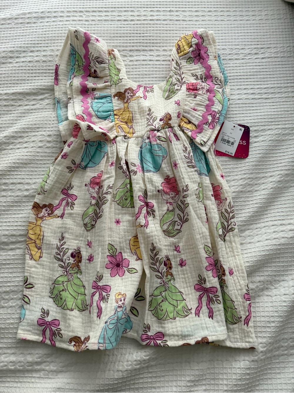 Disney Girls' White Dress with Pink, Green, Yellow & Blue Princess Print